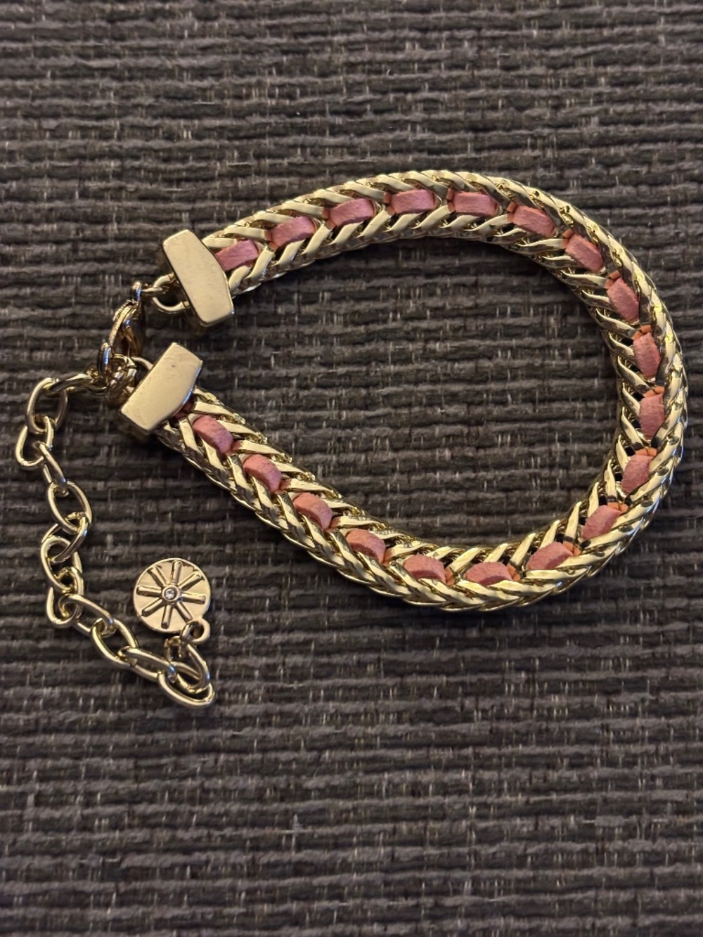 RJ Graziano Gold Tone Woven Chain Bracelet Pink Leather Accent Statement Jewelry
